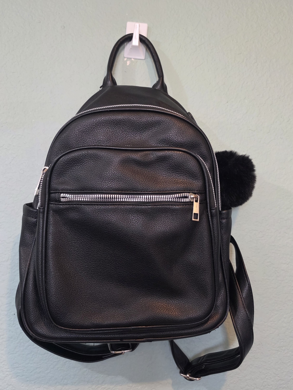 LD Brand Mini Black Pebbled Vegan Leather Backpack Y2k 90s Style Pom Pom Charm